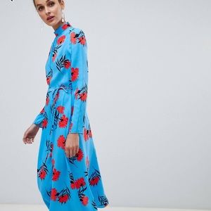 River Island Red + Blue Long Sleeved Midi Dress